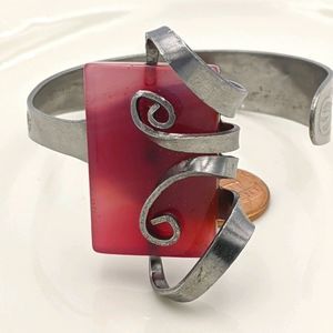 Silver Fork Pink Stone Wrapped Cuff Bracelet